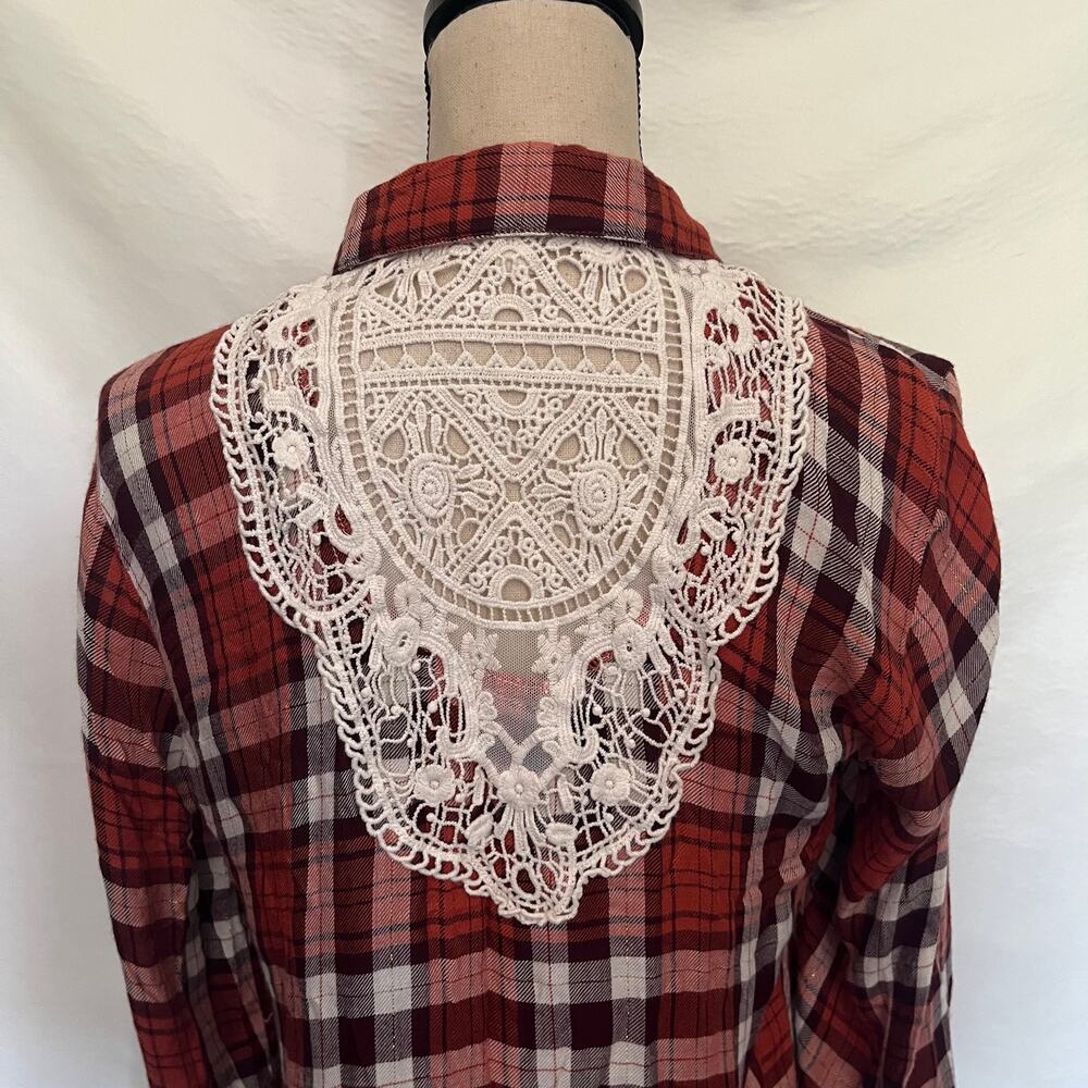 Linda Anderson Crochet Back Plaid Womens Shirt Sz S Boho Western Indie Grunge - Picture 7 of 15